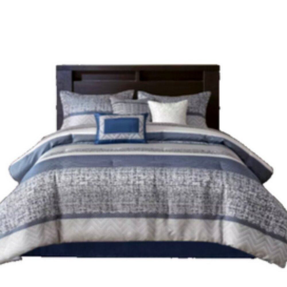 Queen 7 pc Harmony Jacquard Comforter Madison Park Set Navy & Silver